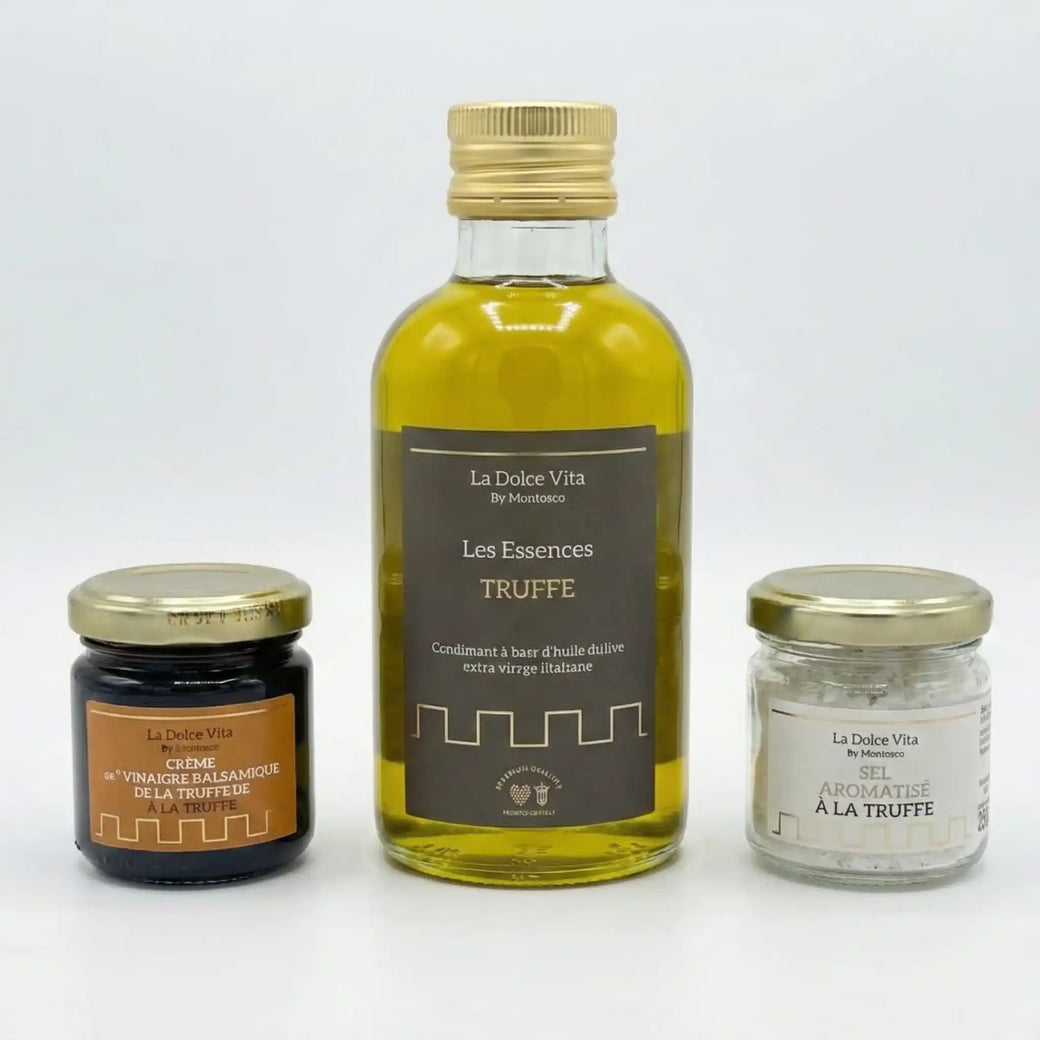Produkte des Trüffelsets La Dolce Vita von Montosco mit Trüffelöl, Balsamico-Creme und aromatisiertem Salz