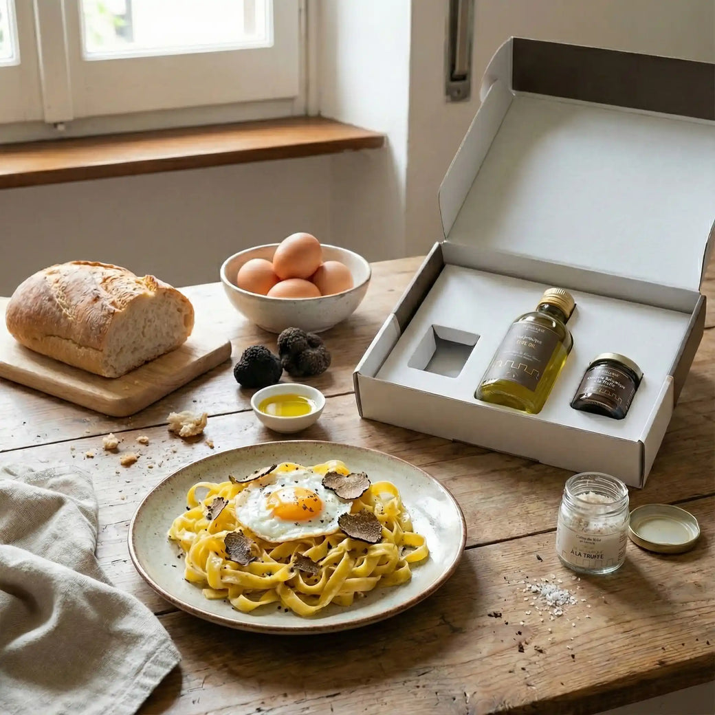 Trüffelset La Dolce Vita von Montosco auf einem Tisch mit frischen Nudeln, Spiegelei und Trüffelgewürzen