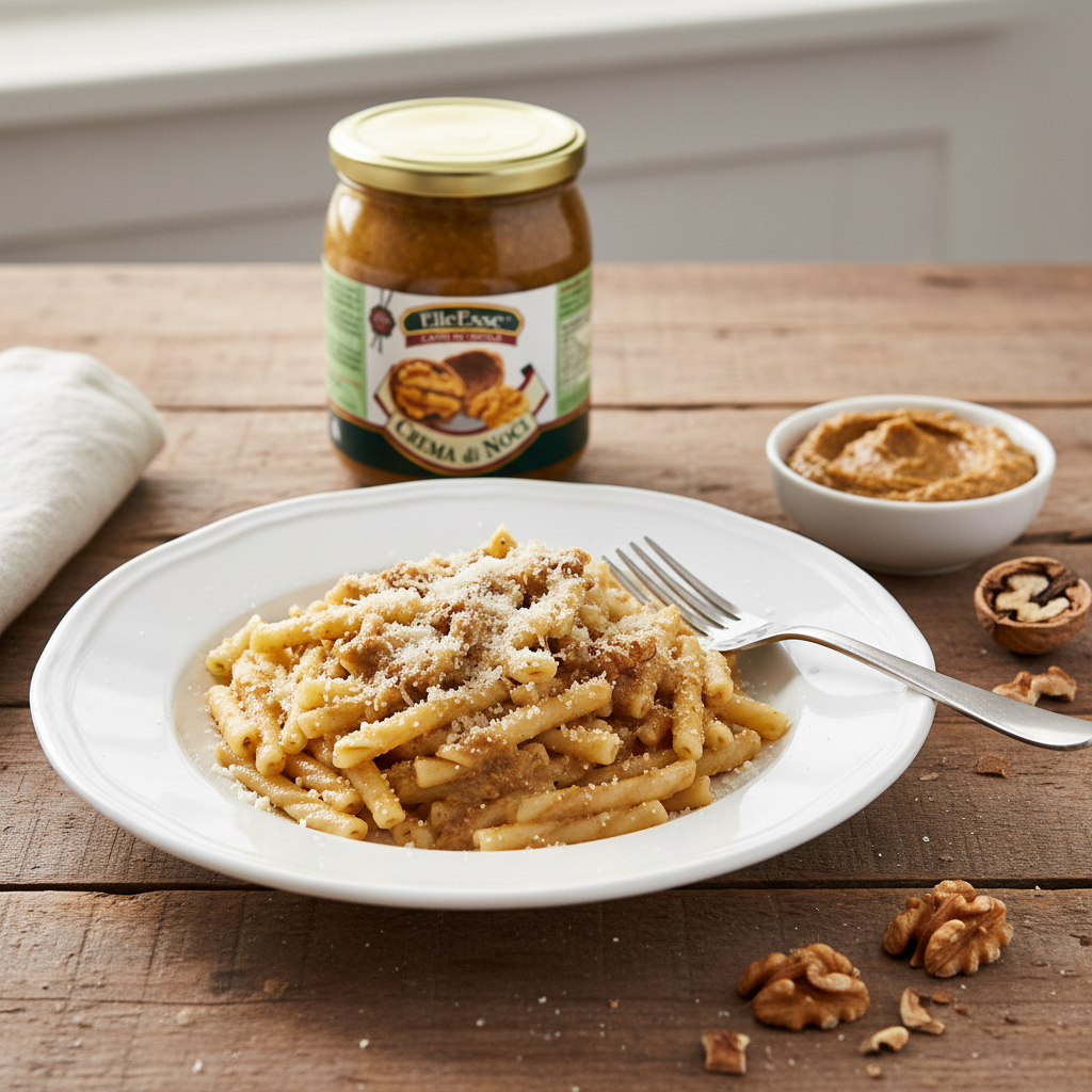 Crème de Noix ElleEsse – Tartinable & sauce pour pâtes (520 g) – mise en scène générée par IA à partir de la photo du produit