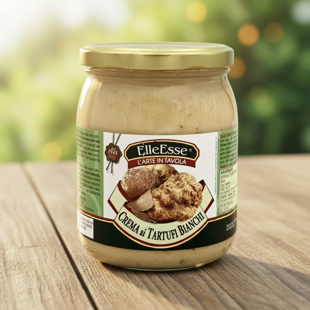 Crème de Truffe Blanche ElleEsse sur une table en bois, en lumière naturelle
