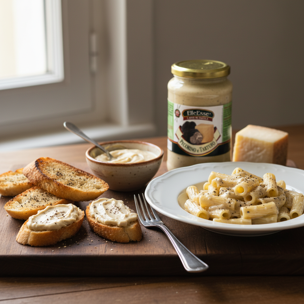 Crème de truffe ElleEsse – Pecorino fondu & truffes d'été (520 g) – mise en scène générée par IA à partir de la photo du produit