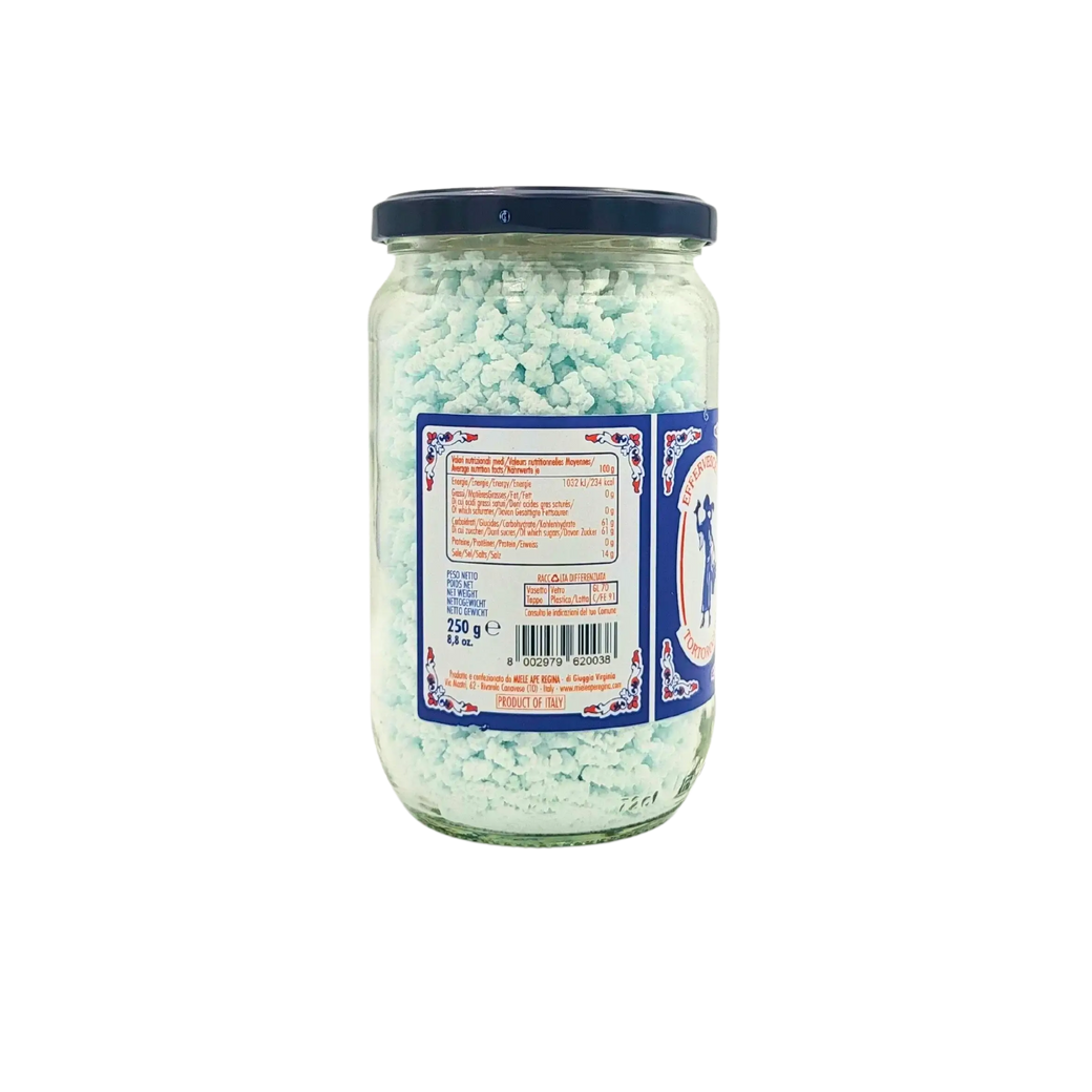 Bocal de 250g de sel effervescent Tortoroglio, tradition italienne pour boissons digestives et rafraîchissantes.