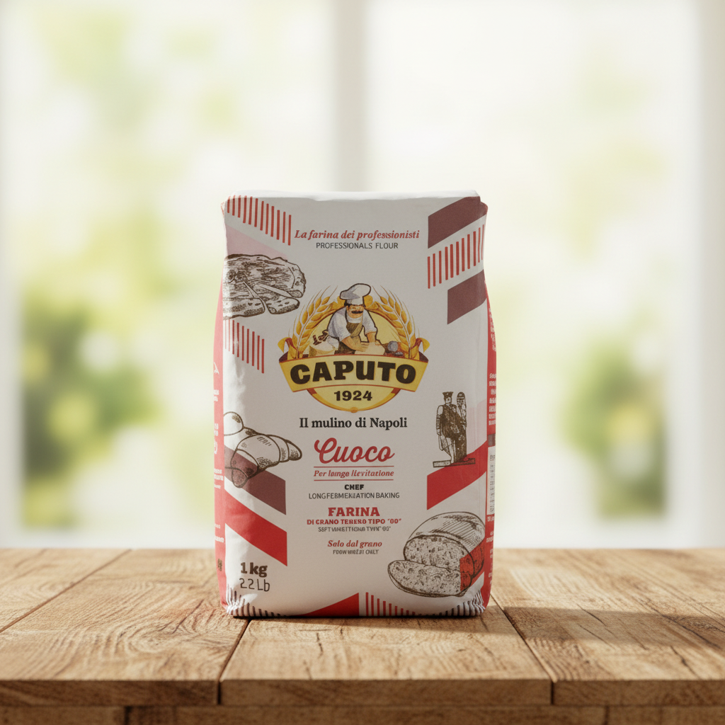 Farine Caputo Cuoco 00 sur une table en bois, en lumière naturelle