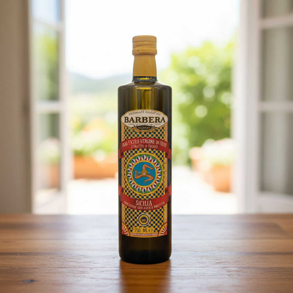 Huile d'Olive Extra Vierge Sicile IGP Barbera (75 cl) sur une table en bois, en lumière naturelle