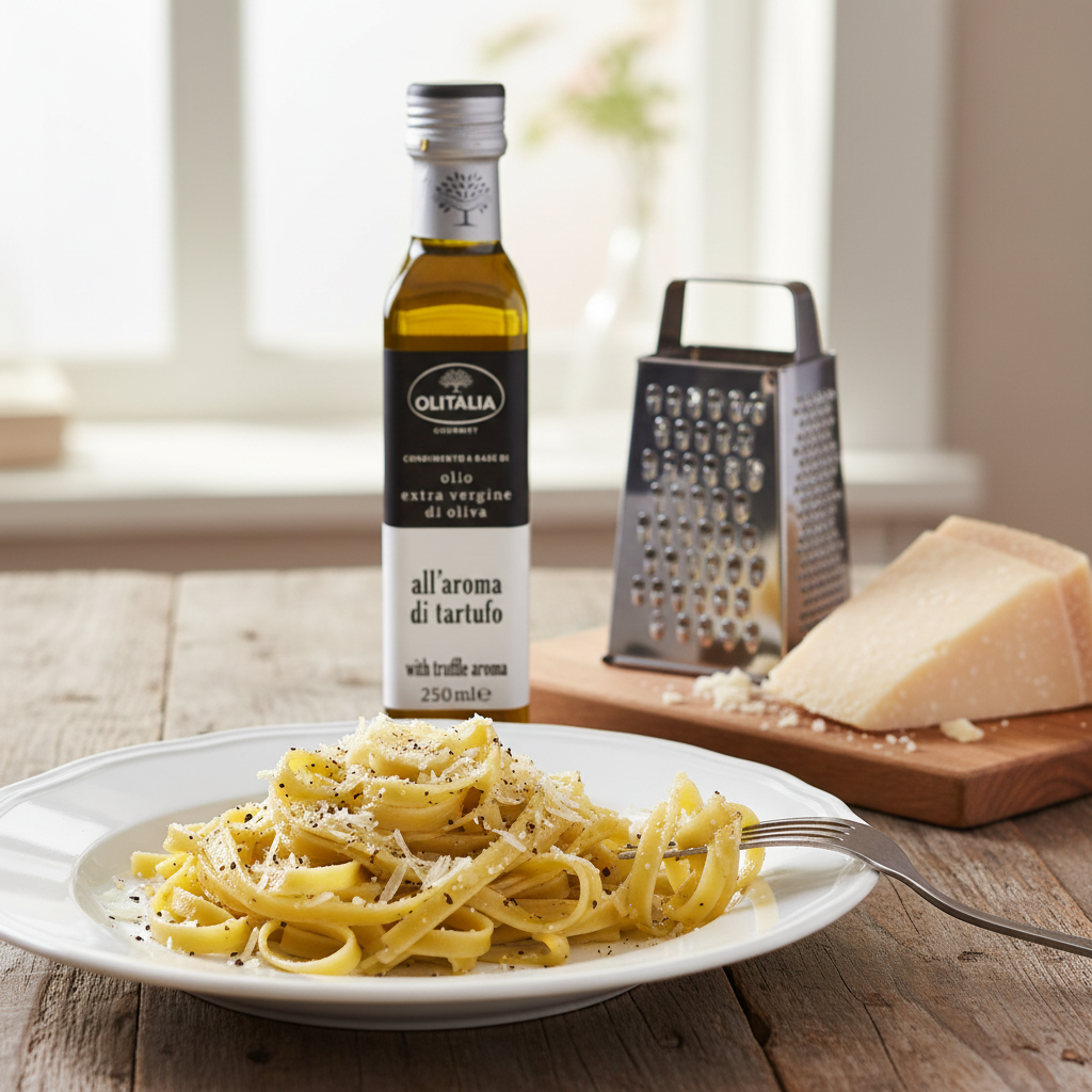 Huile Truffée Olitalia – Arôme de Truffe (250 ml) – mise en scène générée par IA à partir de la photo du produit