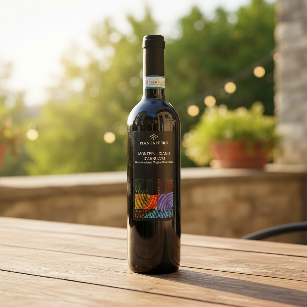 Montepulciano d’Abruzzo Piantaferro sur une table en bois, en lumière naturelle