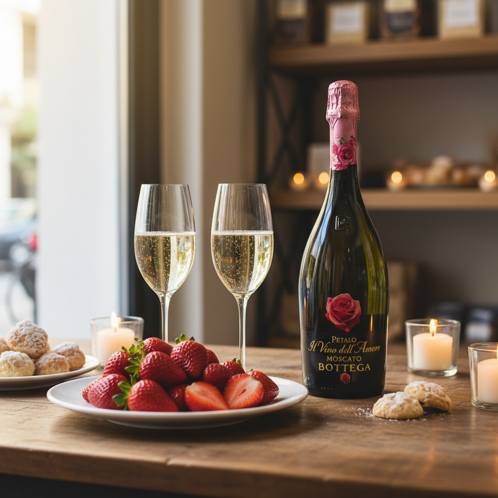 Moscato Bottega Petalo Il Vino dell’Amore – Mousseux doux (75 cl) – mise en scène générée par IA à partir de la photo du produit