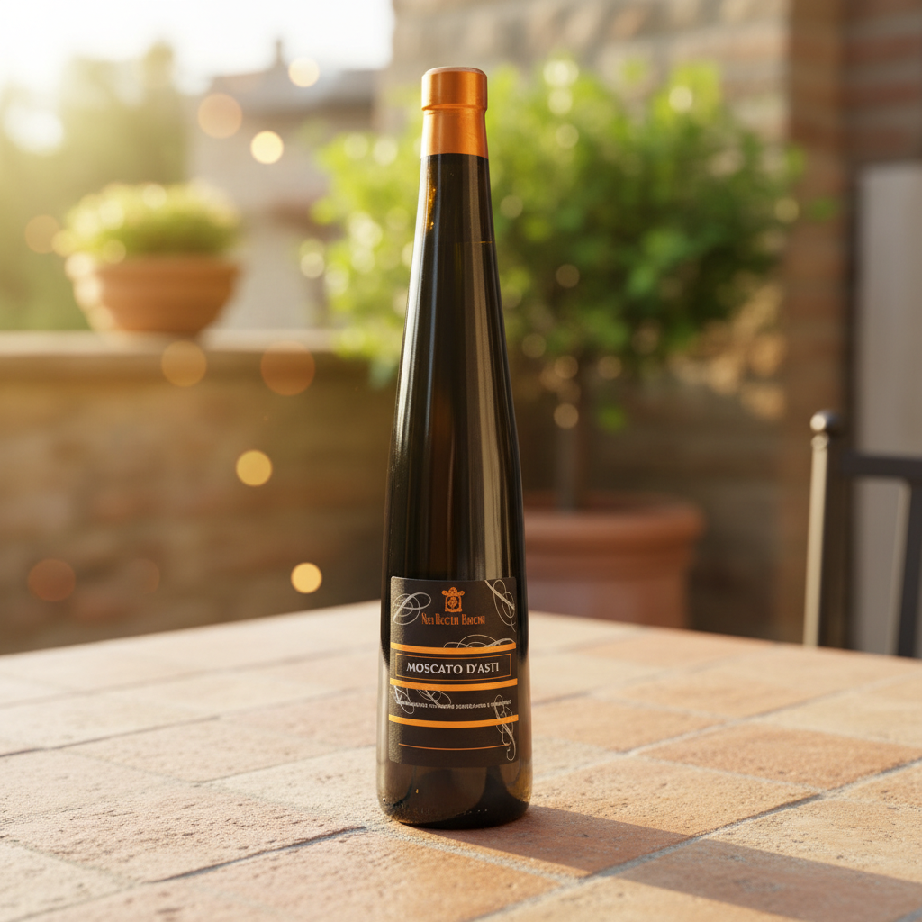 Moscato d’Asti Alte Rocche Bianche sur une table en bois, en lumière naturelle