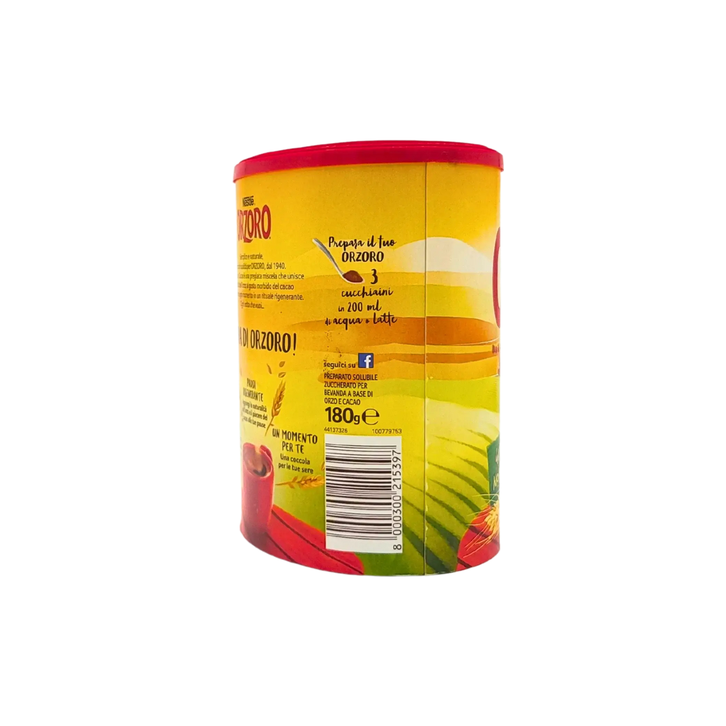 Orzoro Nestlé 180g soluble barley coffee - Caffeine-free instant powdered barley coffee box, side view of the product.