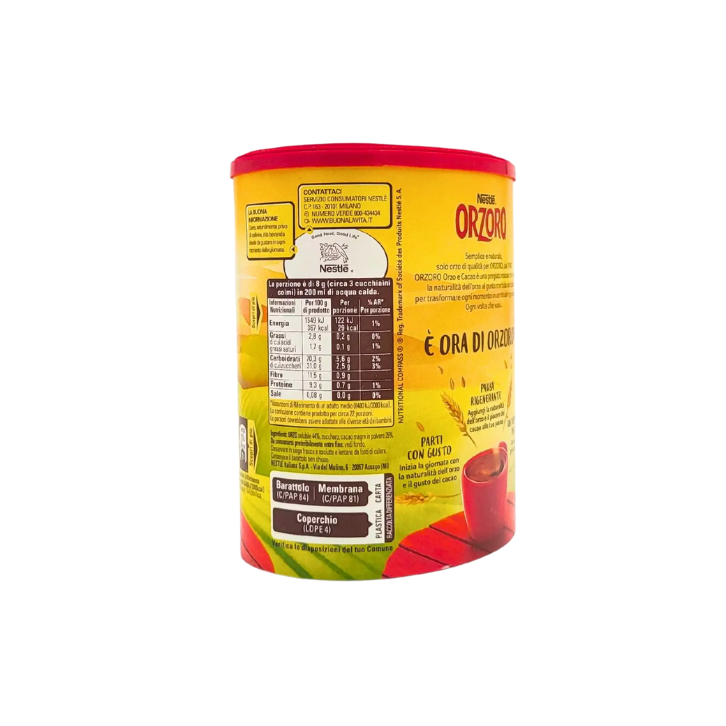 Back packaging of Orzoro Nestlé 180g soluble barley coffee with nutritional information.
