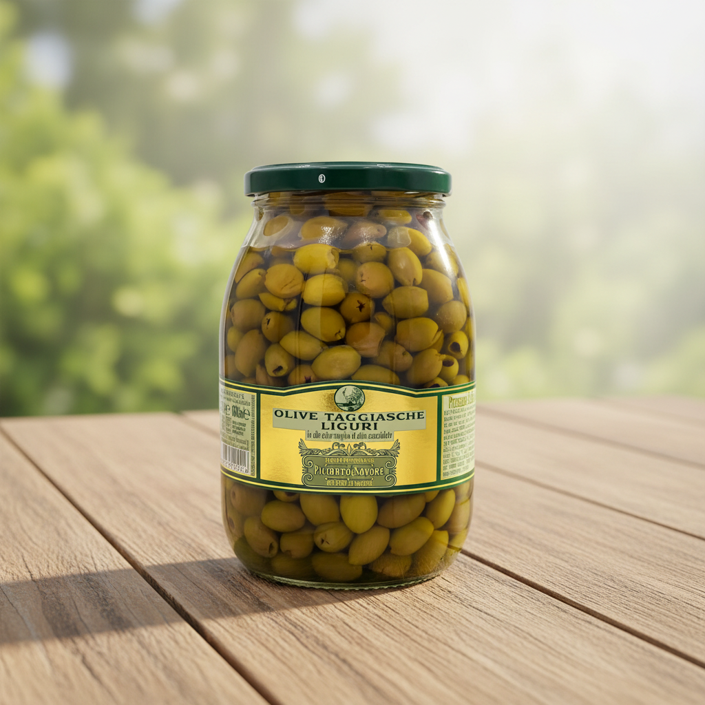 Olives Taggiasche Piccardo & Savoré sur une table en bois, en lumière naturelle