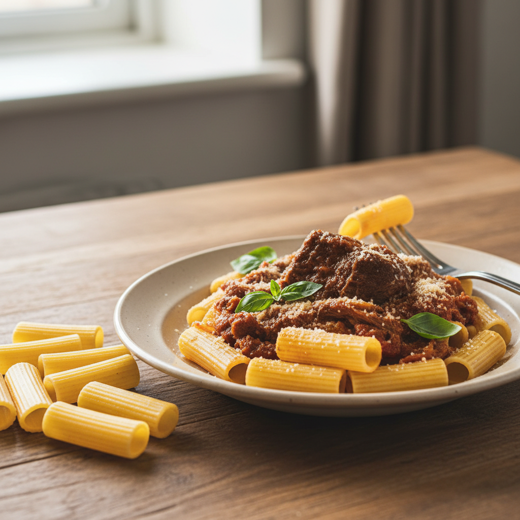 Rigatoni Napoletani De Cecco – Spécialité Pâtes Courtes (500 g) – mise en scène générée par IA à partir de la photo du produit