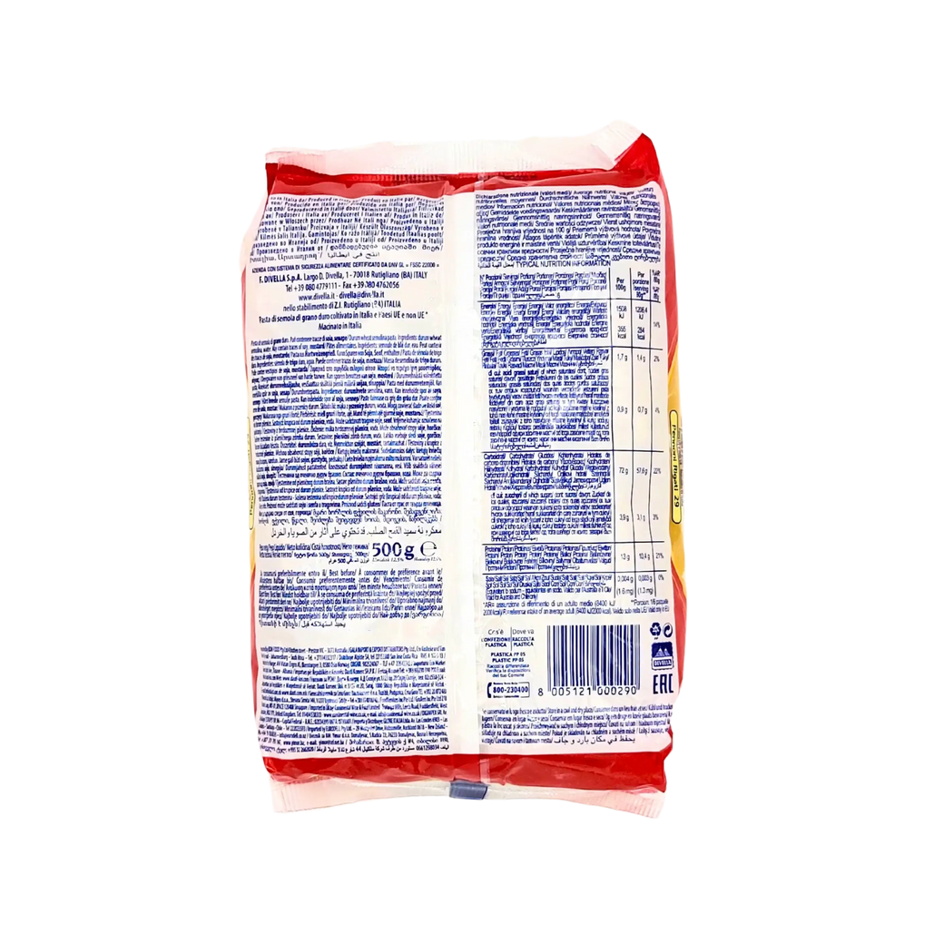 Composition et informations nutritionnelles des pâtes Pennoni Rigati Divella 500g.
