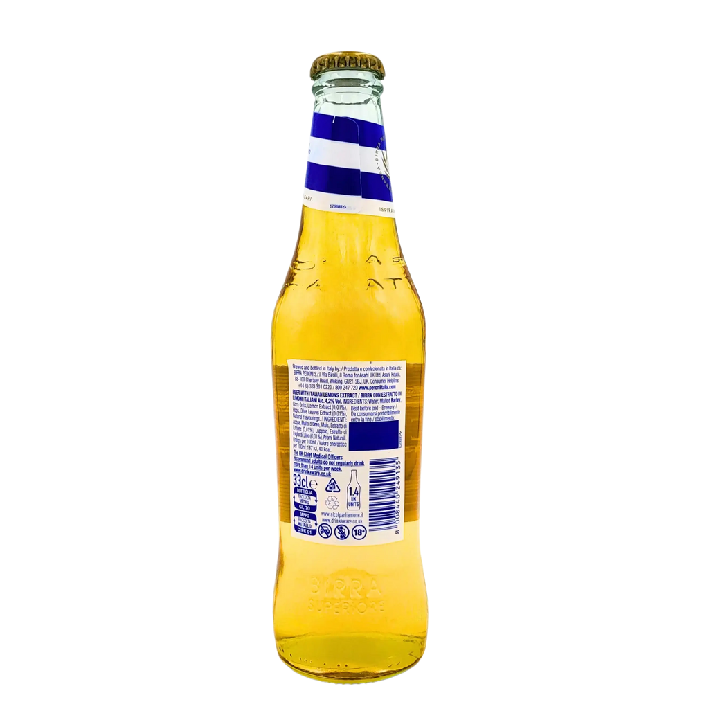 Flasche Peroni Nastro Azzurro Stile Capri 33cl Rückseite - Informationen über die Zutaten und die Herstellung des italienischen Biers Peroni Stile Capri, das italienische Zitronenextrakte enthält.