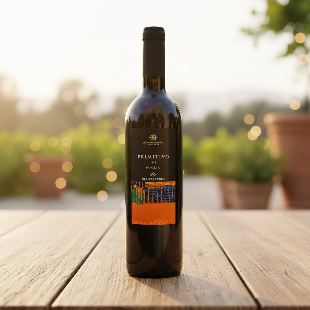 Primitivo Puglia IGT Piantaferro Anno Domini sur une table en bois, en lumière naturelle