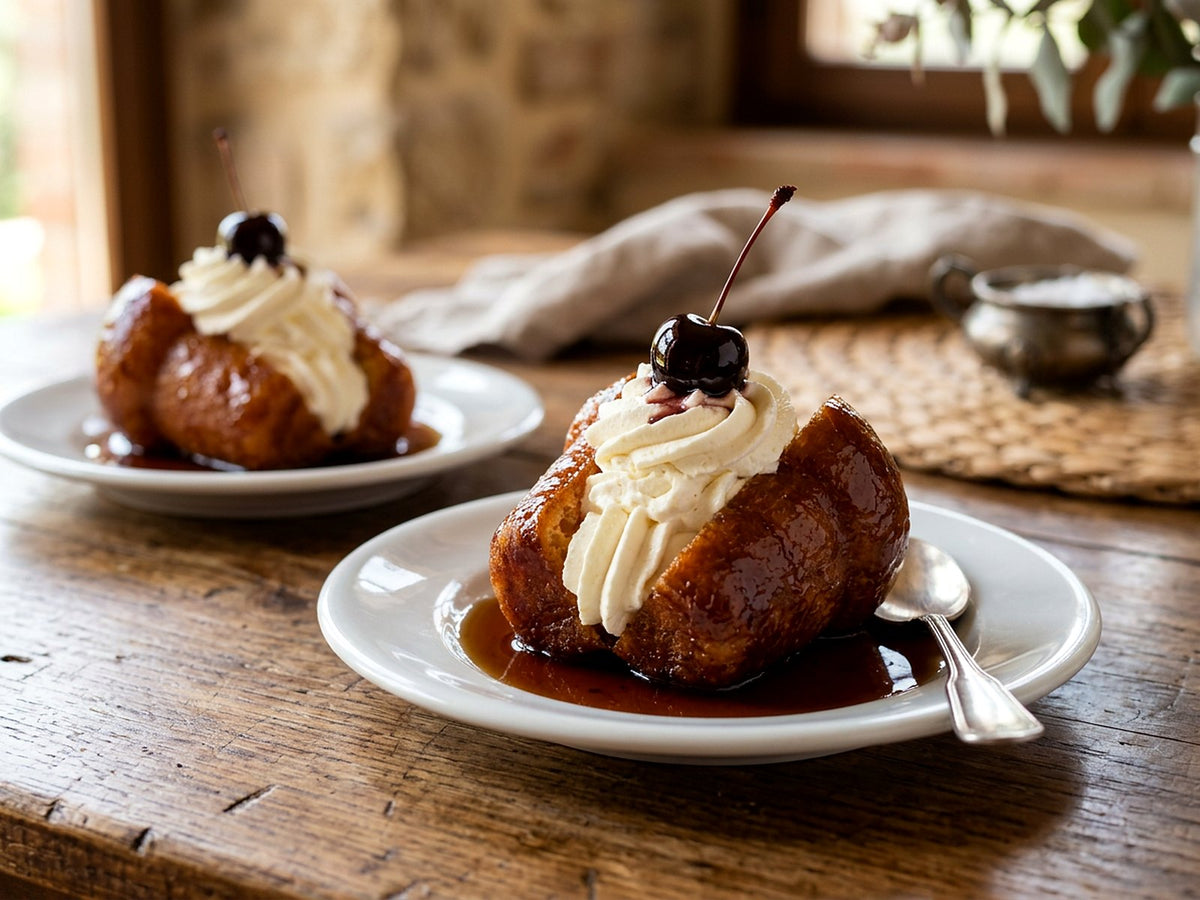 Rum Babas with Almond Whipped Cream and Amarena Cherries