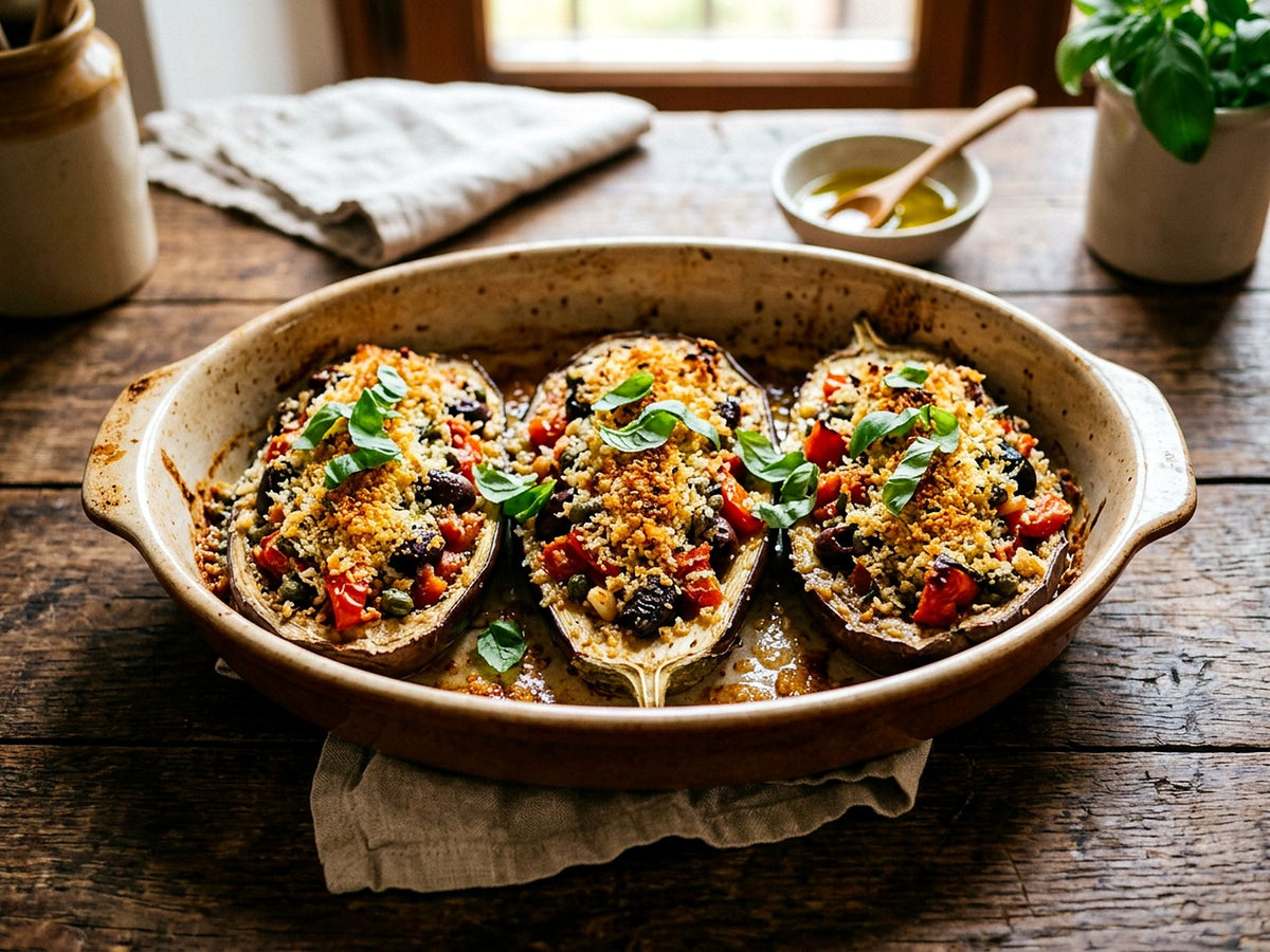 Barchette di melanzane ripiene di olive, capperi e pomodoro