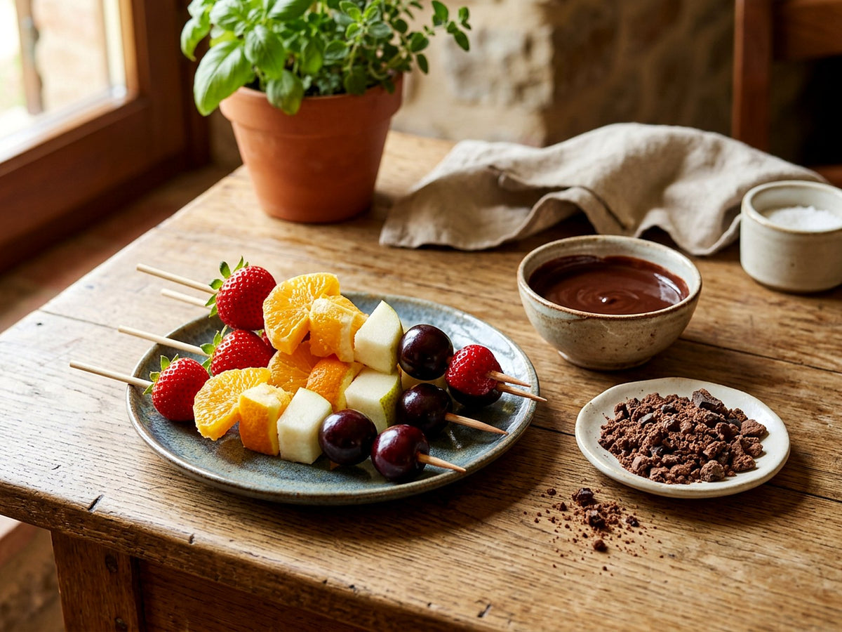 Fruit Skewers with Warm Cocoa Sauce and Crushed Biscuits