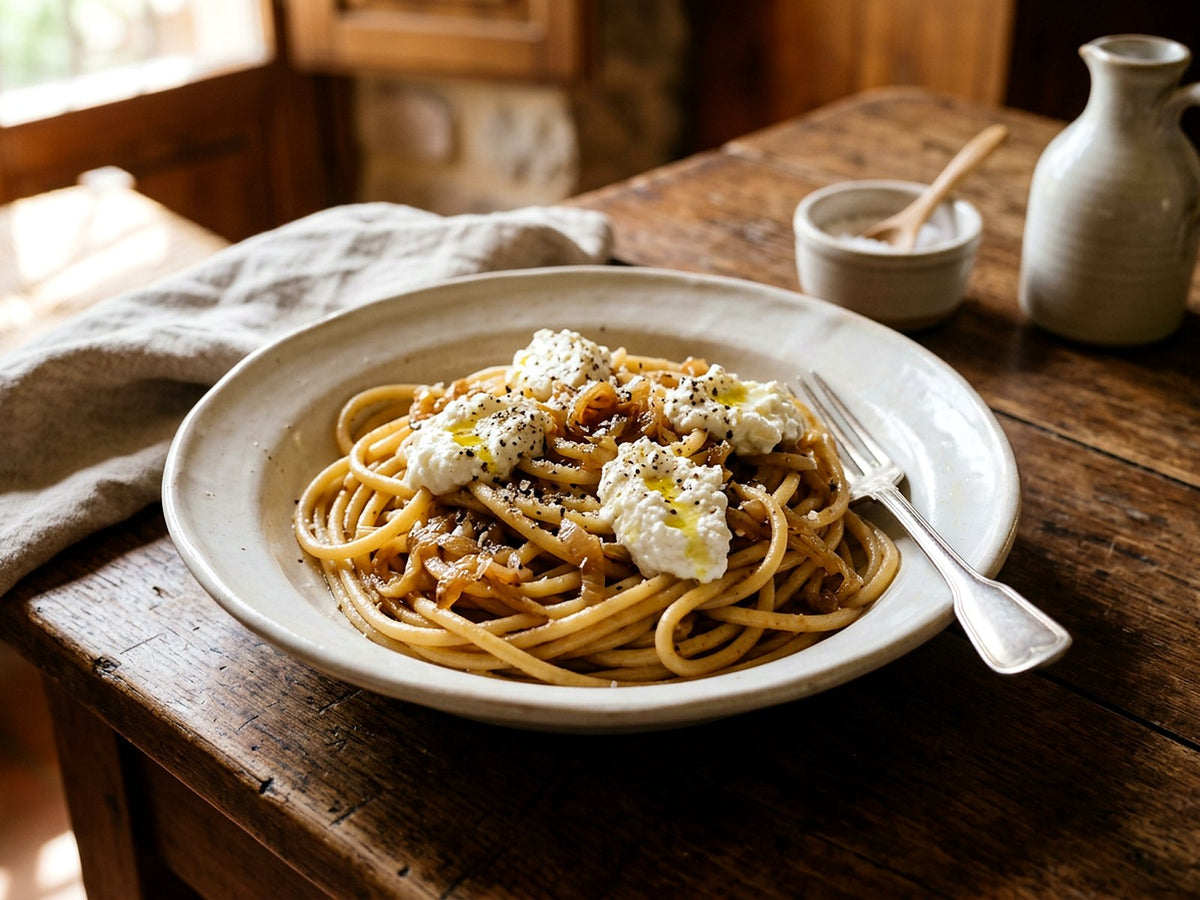 Bucatini con cebollas melosas, vinagre balsámico y ricotta