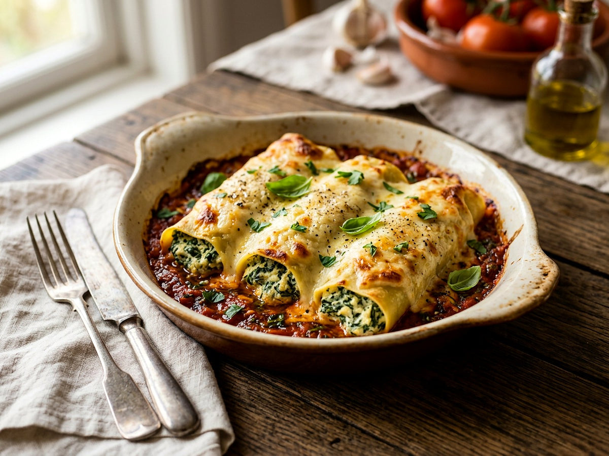 Cannelloni mit Ricotta und Spinat, Tomatensauce und Béchamel