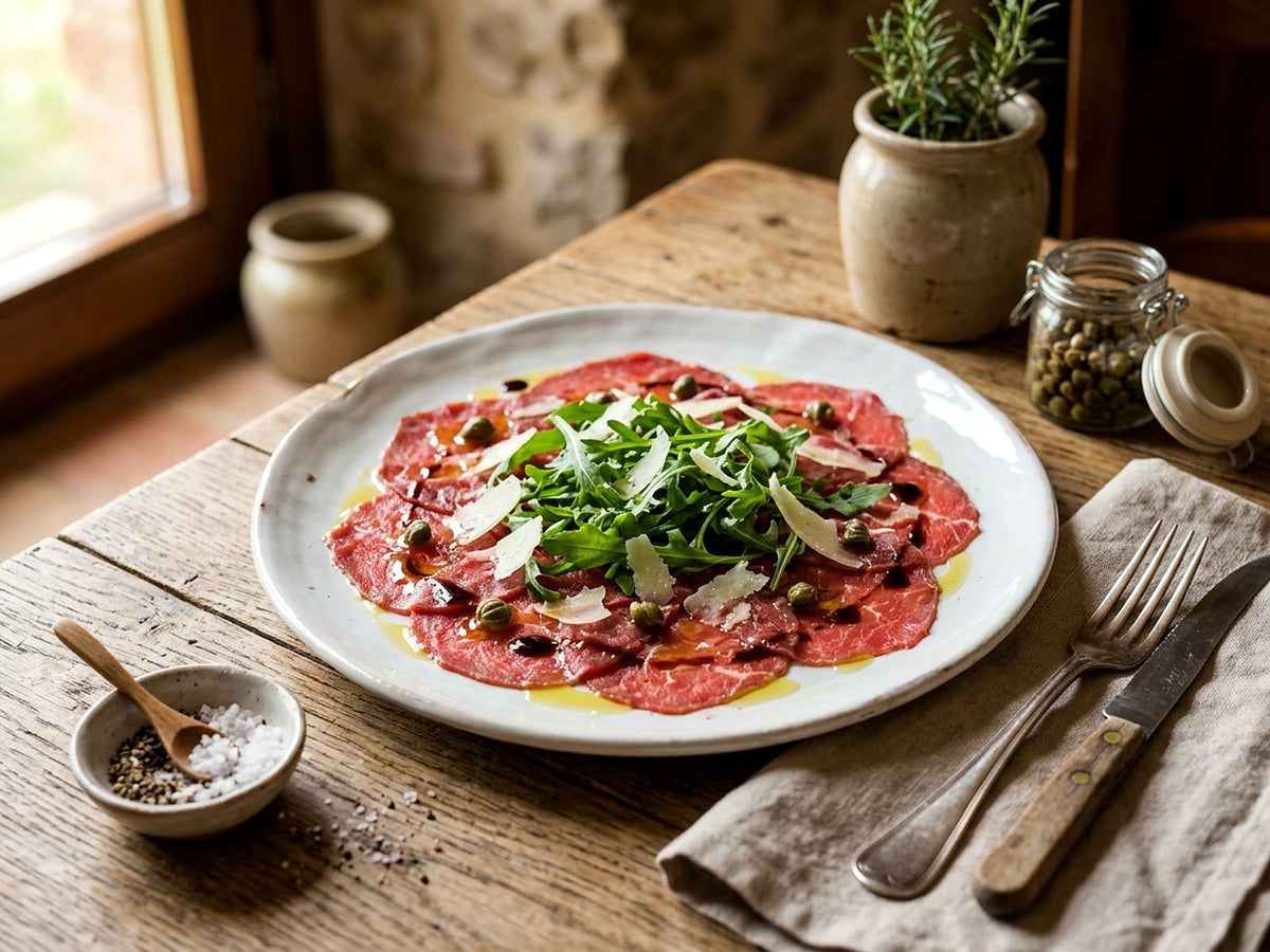 Carpaccio van rundvlees met rucola, parmezaan en kappertjes