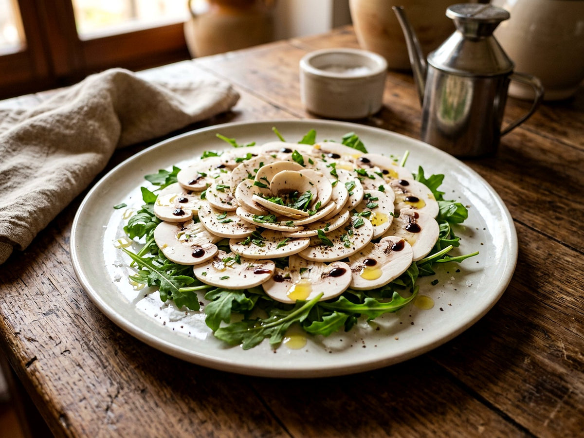 Raw mushroom carpaccio with lemon and truffle oil