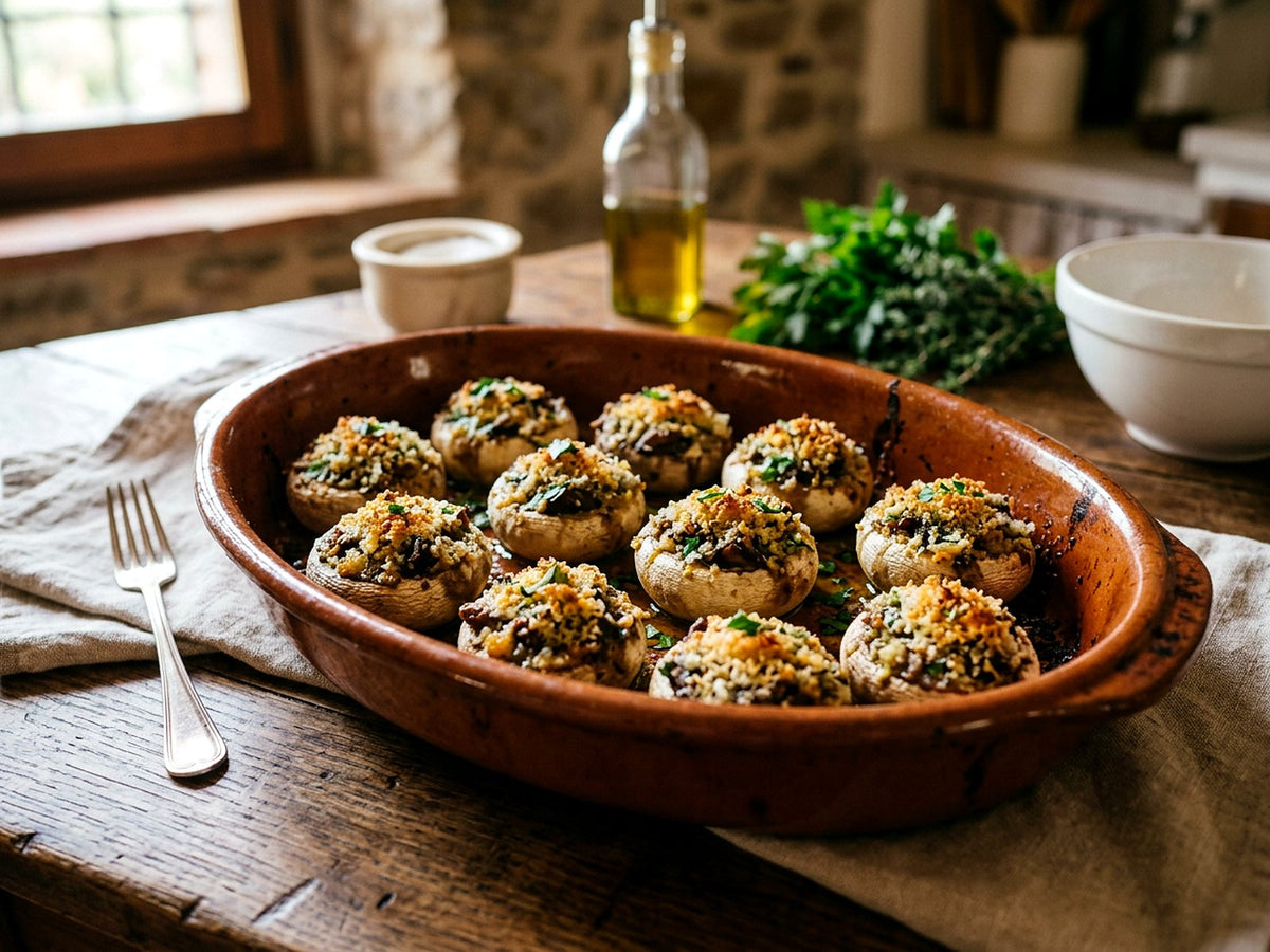 Mit Steinpilzen, Knoblauch und Petersilie gefüllte Champignons