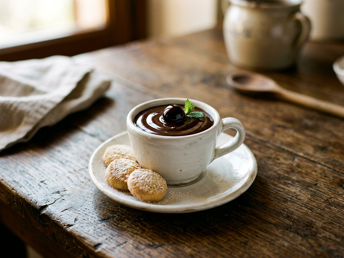Cioccolata calda densa all'italiana, amarena e biscotti