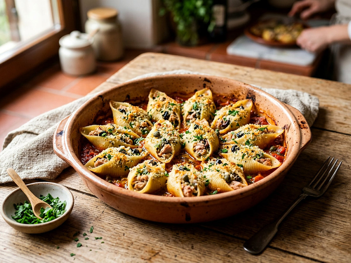 Conchiglioni rellenos de atún, alcaparras y aceitunas