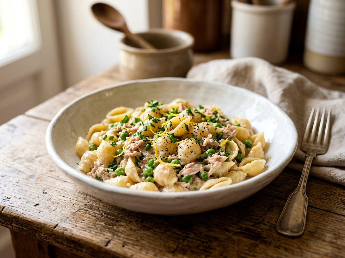 Muschelnudeln mit Thunfisch, Erbsen und Zitrone