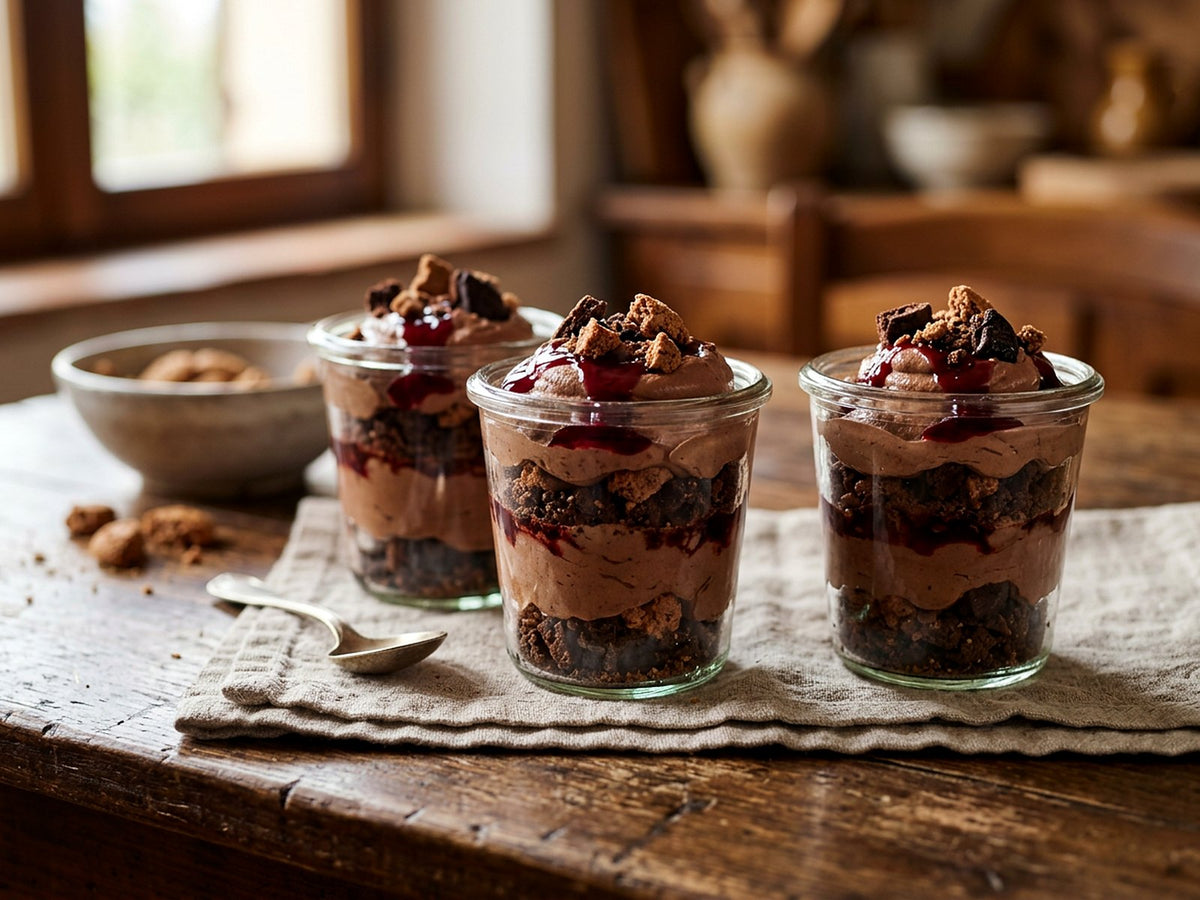 Coupes de ricotta au cacao, biscuits croquants et sirop d'amarena