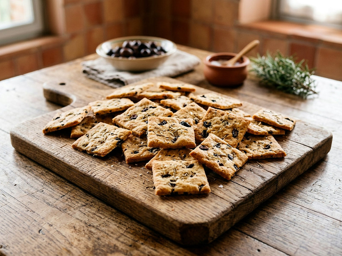 Kichererbsencracker mit Taggiasca-Oliven und Rosmarin
