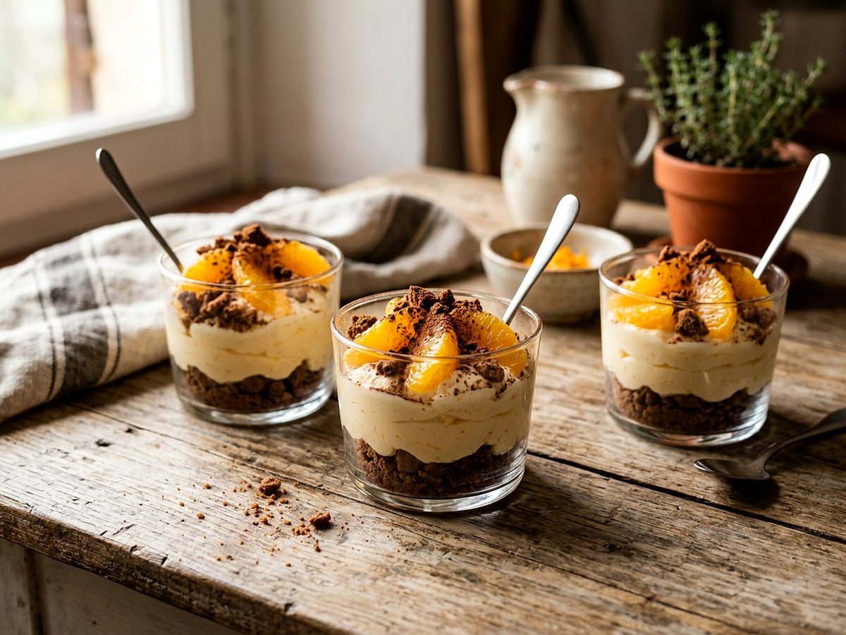 Crema al mascarpone all'arancia, biscotti al cacao