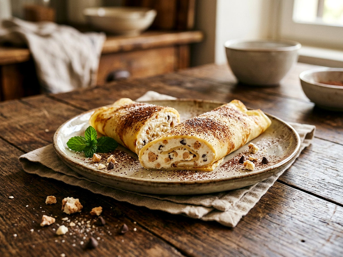 Opgerolde crespelle met ricotta en torrone