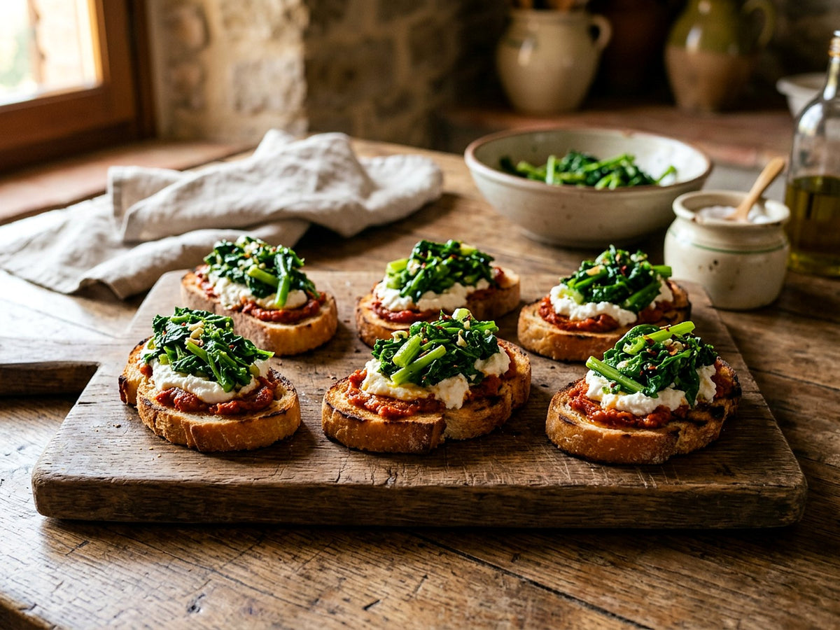 Crostini mit nduja, frischer Ricotta und friarielli
