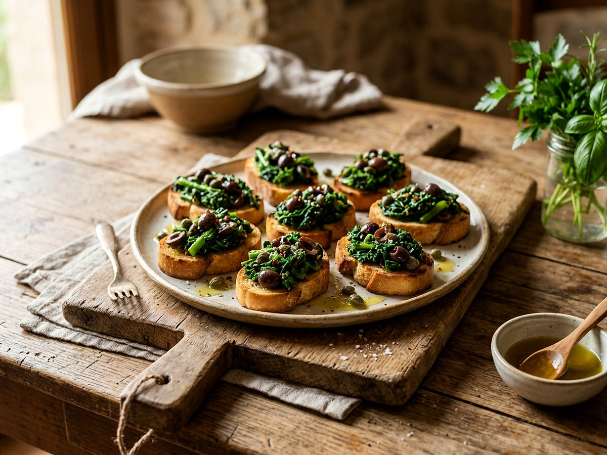 Crostini de friarielli salteados con aceitunas y alcaparras