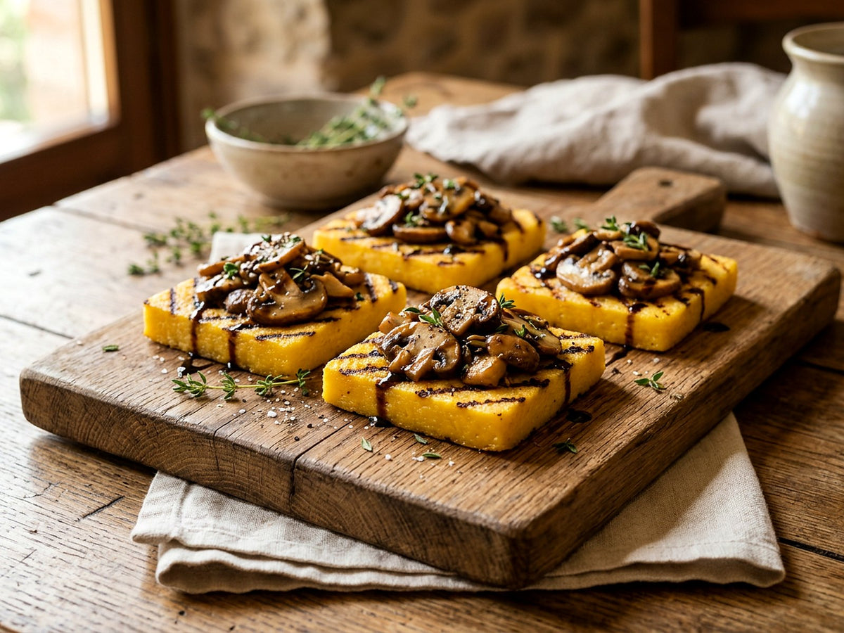 Crostini aus gegrillter Polenta mit Pilzen und Thymian