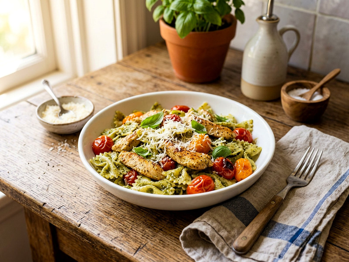 Farfalle with chicken, pesto and cherry tomatoes
