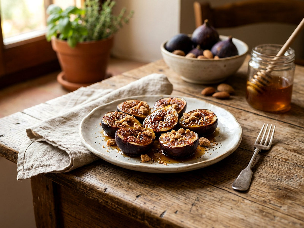 Gebakken vijgen met honing en balsamico, zachte amaretti