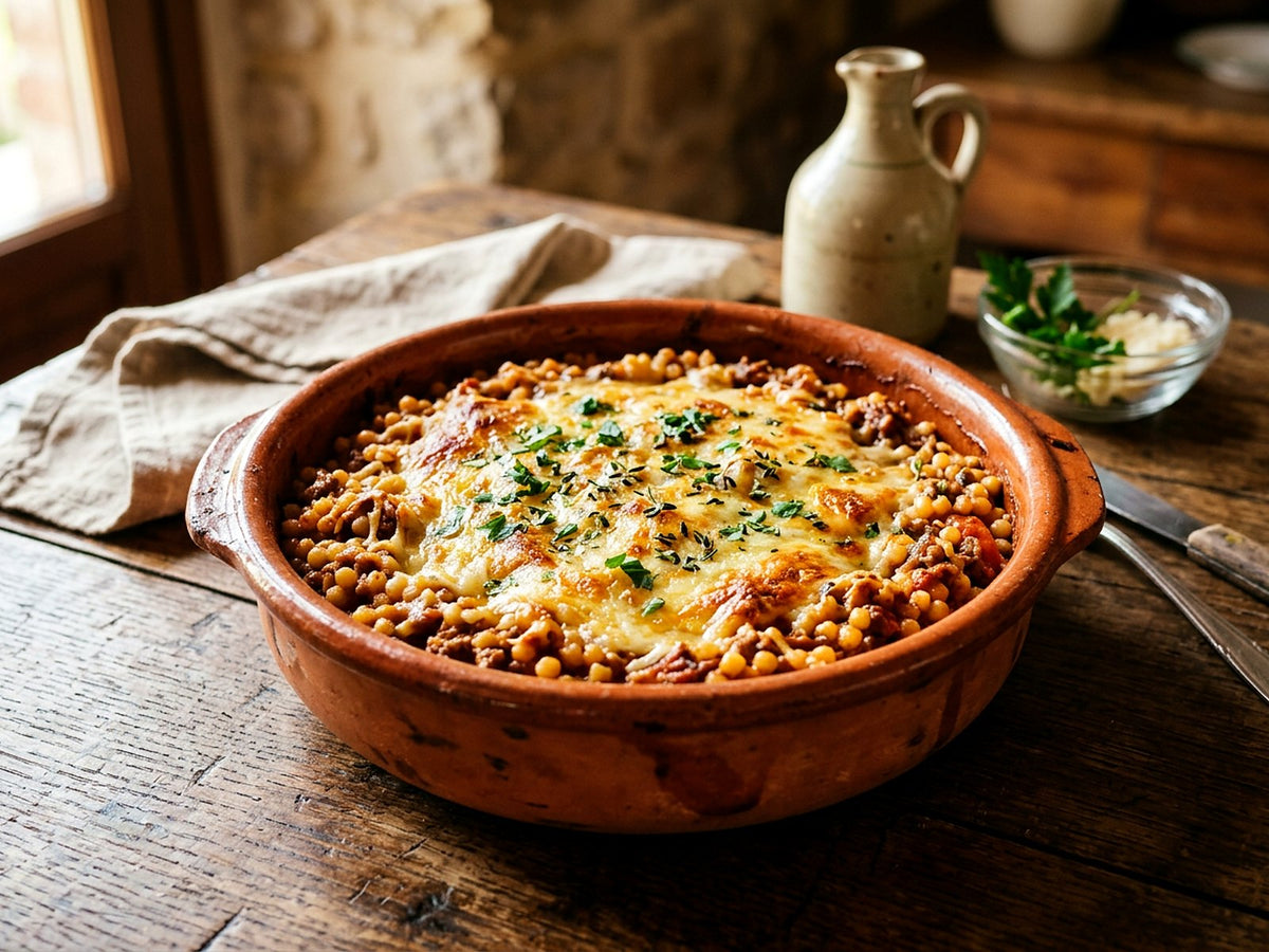 Fregola incasada with ragù, baked with pecorino