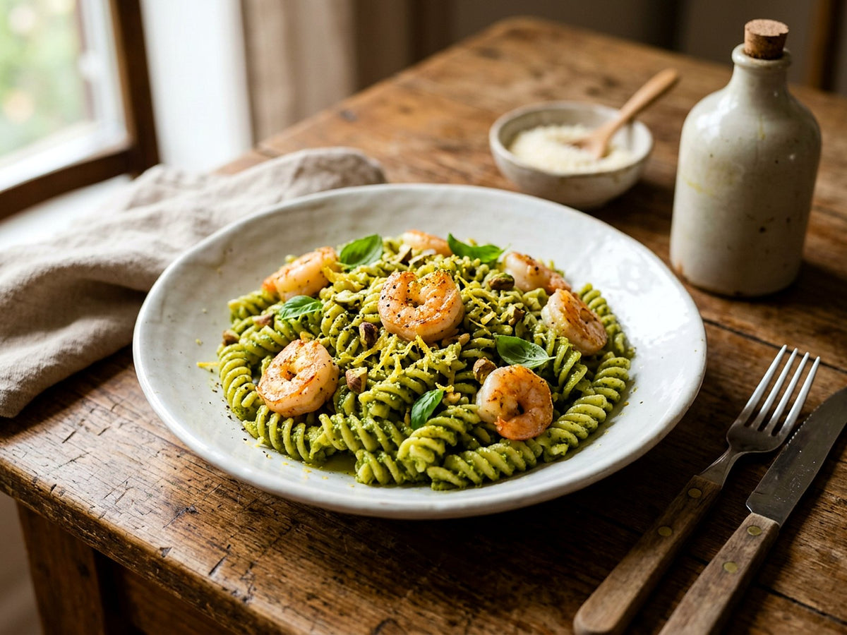 Fusilli con pesto de pistacho y gambas