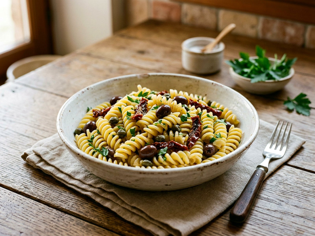 Fusilli with Taggiasca olives, capers and sun-dried tomatoes