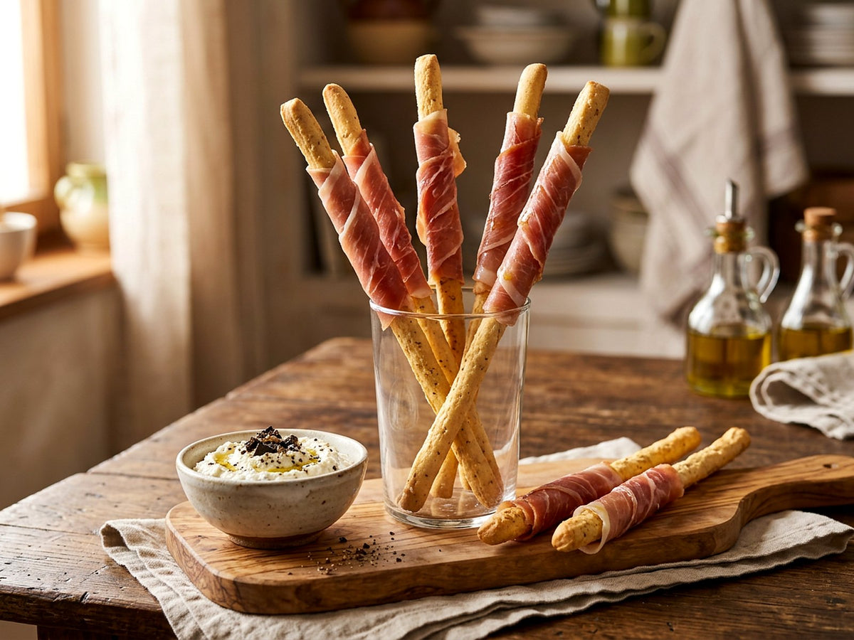 Grissini mit Rohschinken und Ricotta-Dip mit Trüffelcreme