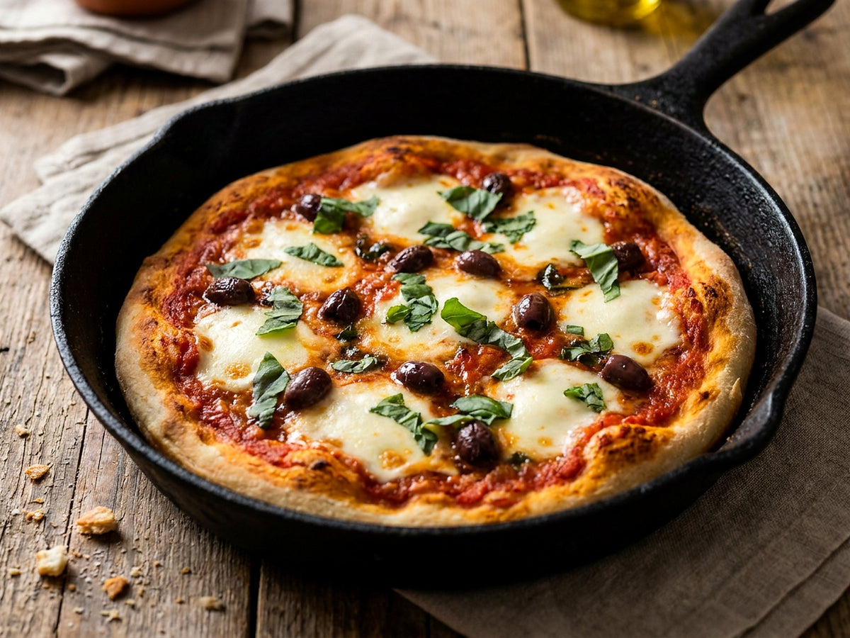 Pizza in padella con pomodoro, mozzarella e olive