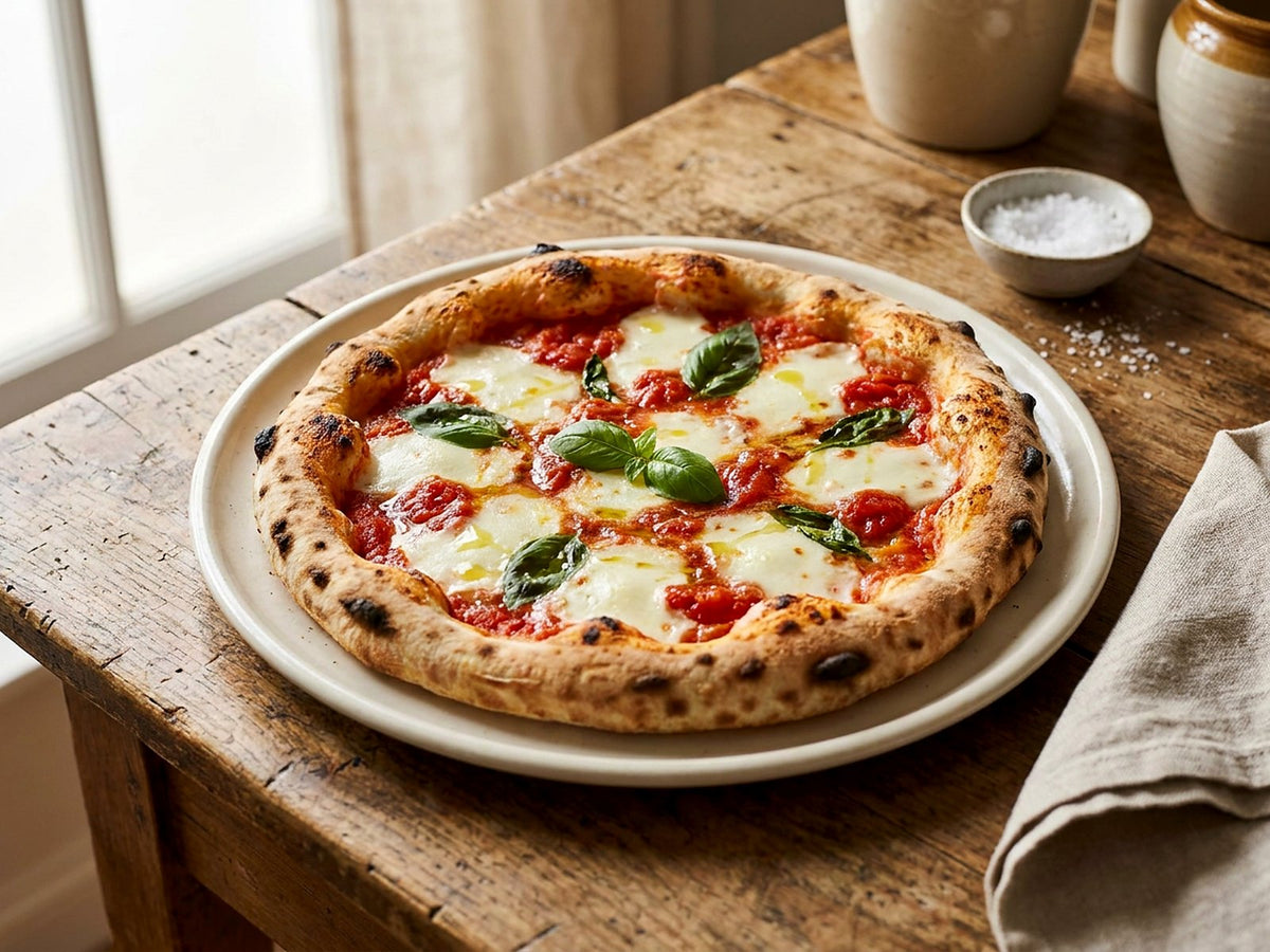 Neapolitan-style margherita pizza with yeasted dough