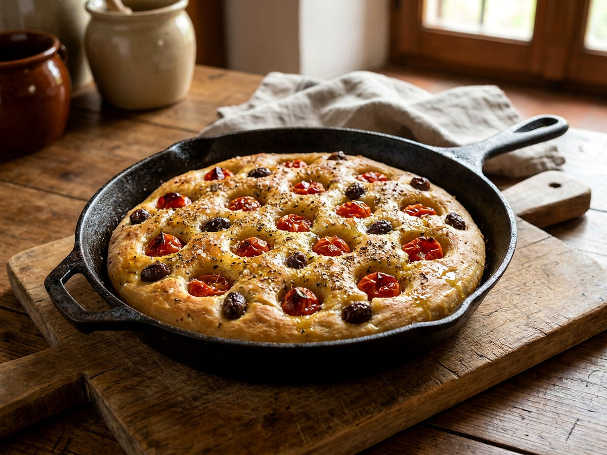 Pan-fried focaccia with cherry tomatoes and olives