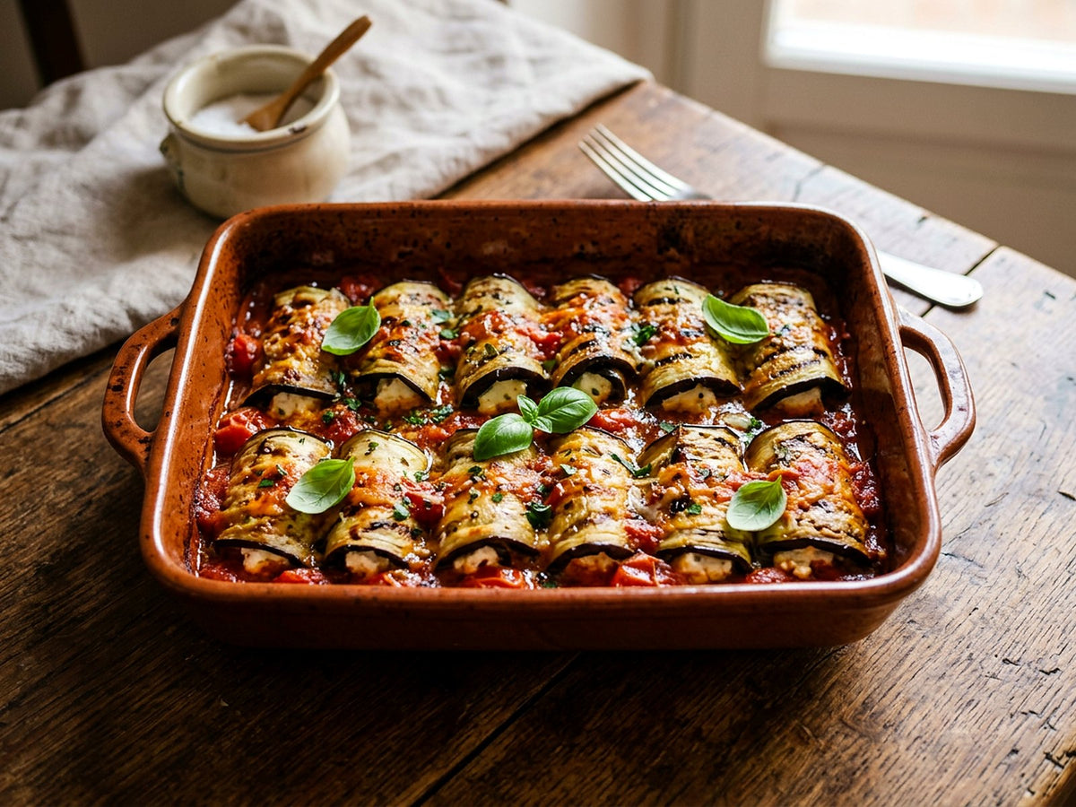 Aubergine involtini with ricotta and cherry tomato sauce