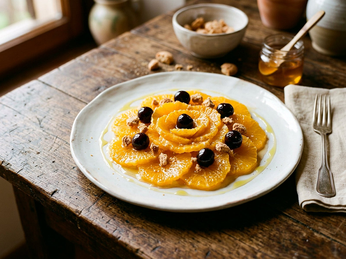 Orangen mit Honig und Olivenöl, Amarena und Amaretti
