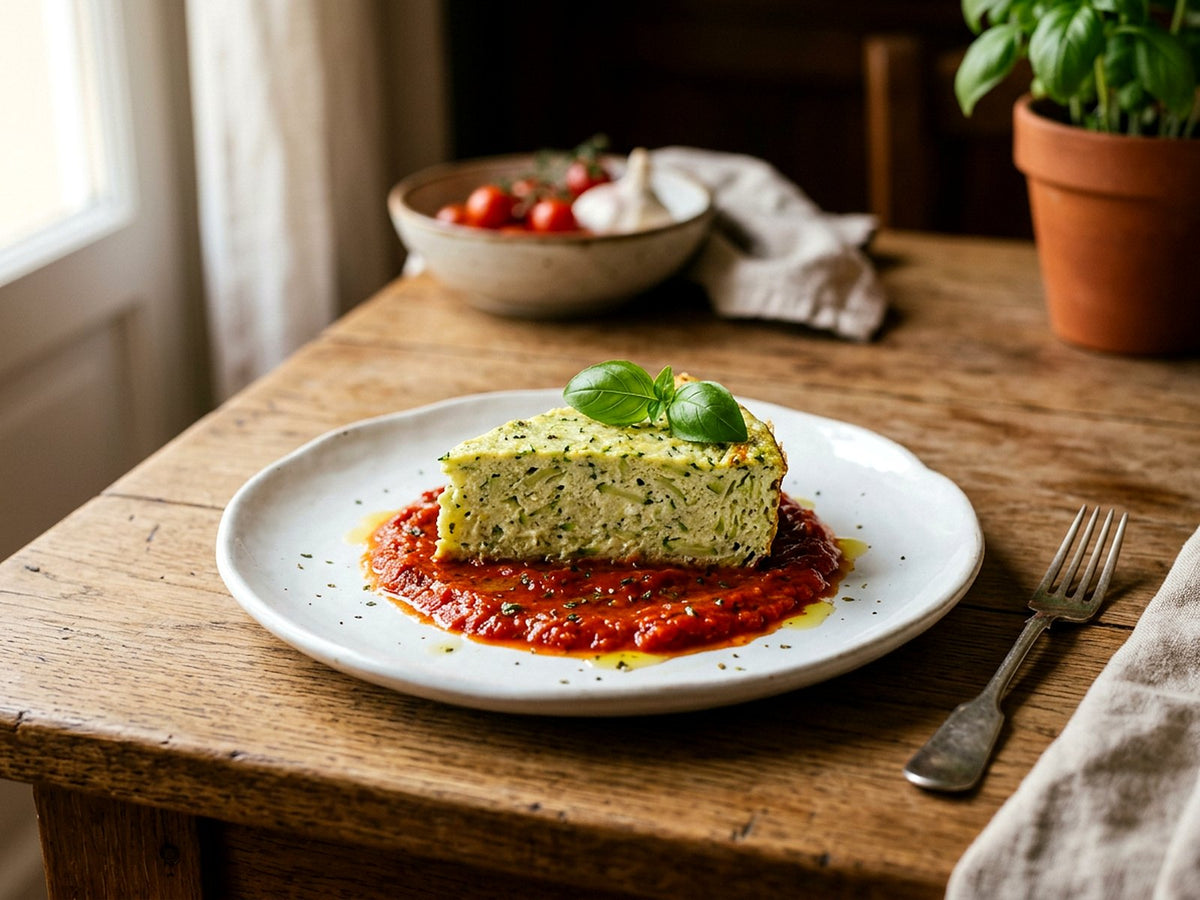 Sformato aus Zucchini mit Ricotta und Coulis aus gegrillter Paprika