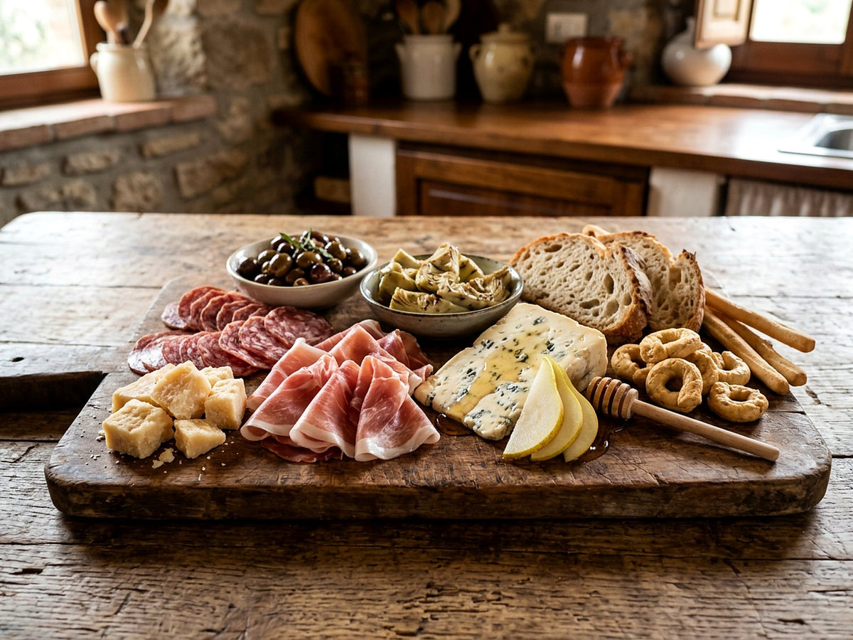 Charcuterie and cheese board with honeyed pear, olives and taralli